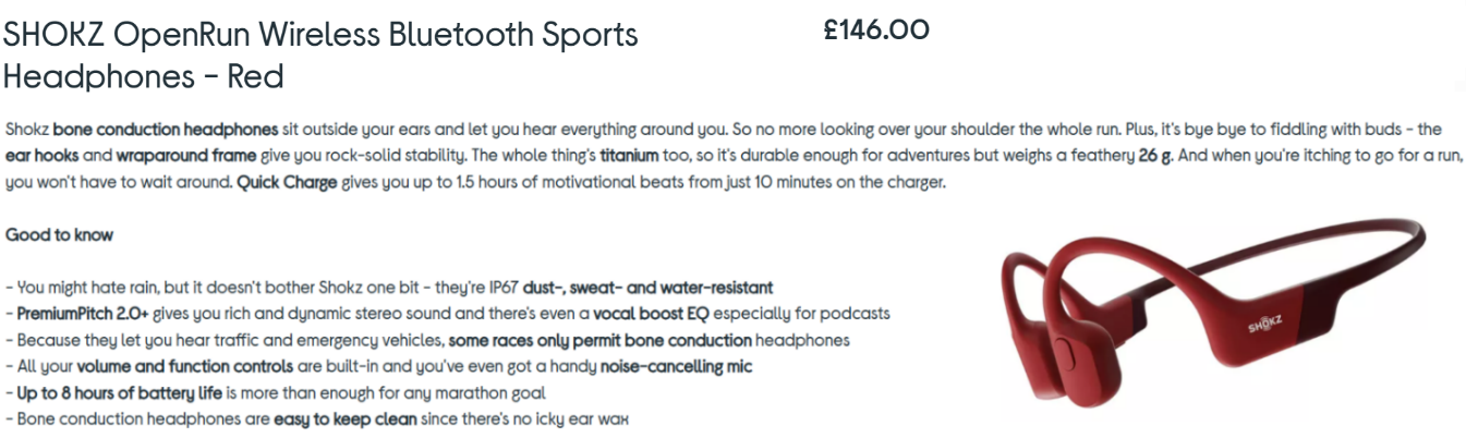 Screenshot of Shokz headphone copy